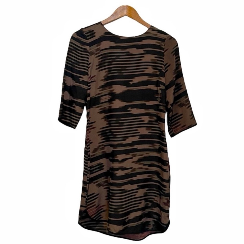 Rachel Mara 100% Silk Dress Size Small Brown Black 3/4 Sleeves Made In Canada